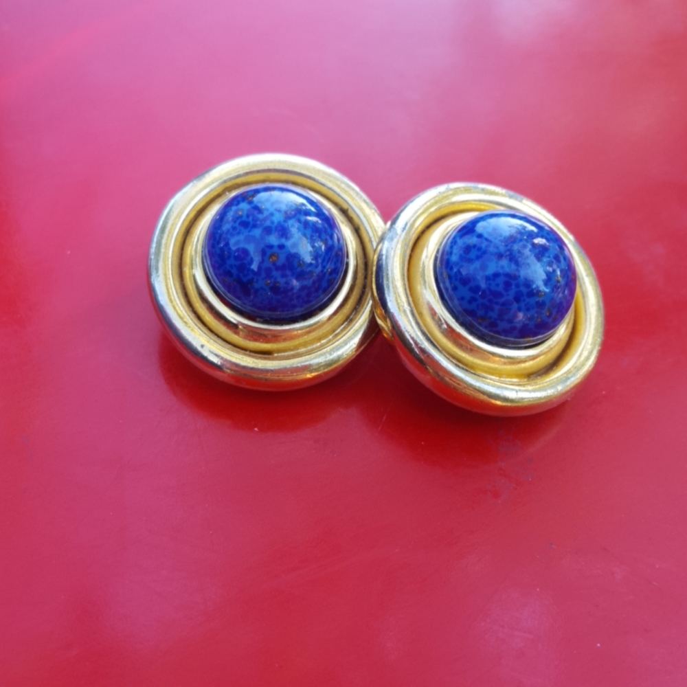 Vtg Ciner Lapis Art Glass Cabochon Gold Earrings